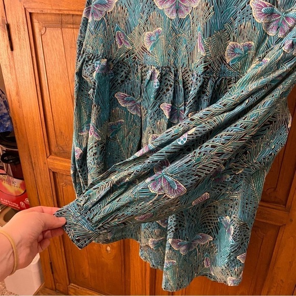 Vintage butterfly bubble sleeve button up casual blouse shirt top large 12 80s - Picture 4 of 8